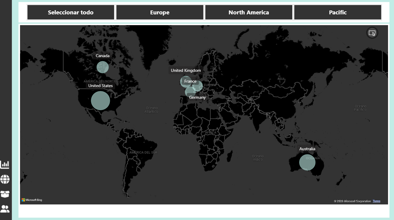 Mapa mundial oscuro con actividad en Estados Unidos, Canadá, Reino Unido, Francia, Alemania y Australia