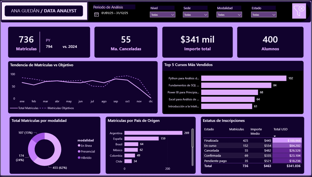 Dashboard de Power BI de matrículas y rendimiento comercial del ejercicio 2025