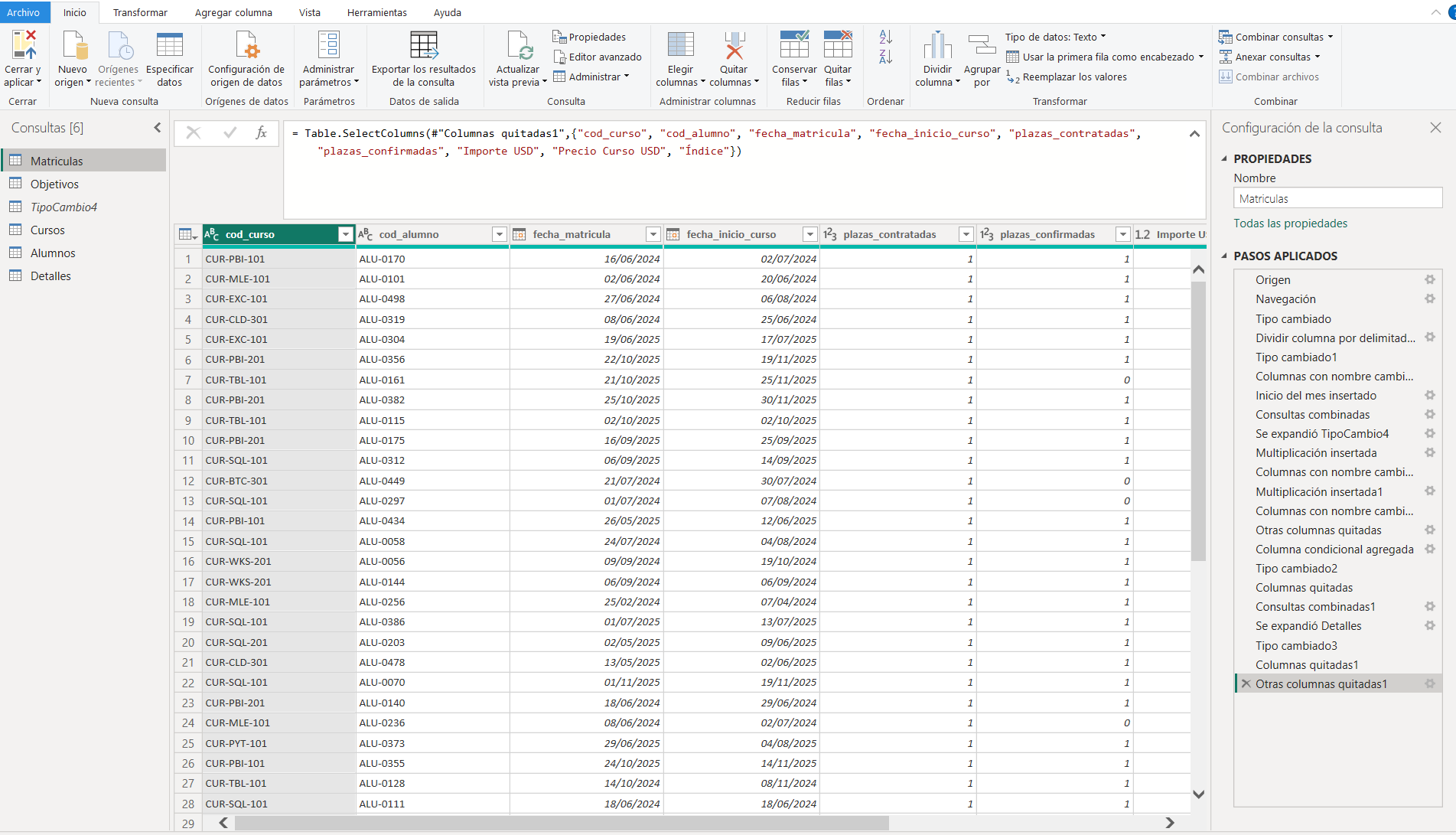 Editor de Power Query con la consulta de matrículas y sus pasos aplicados